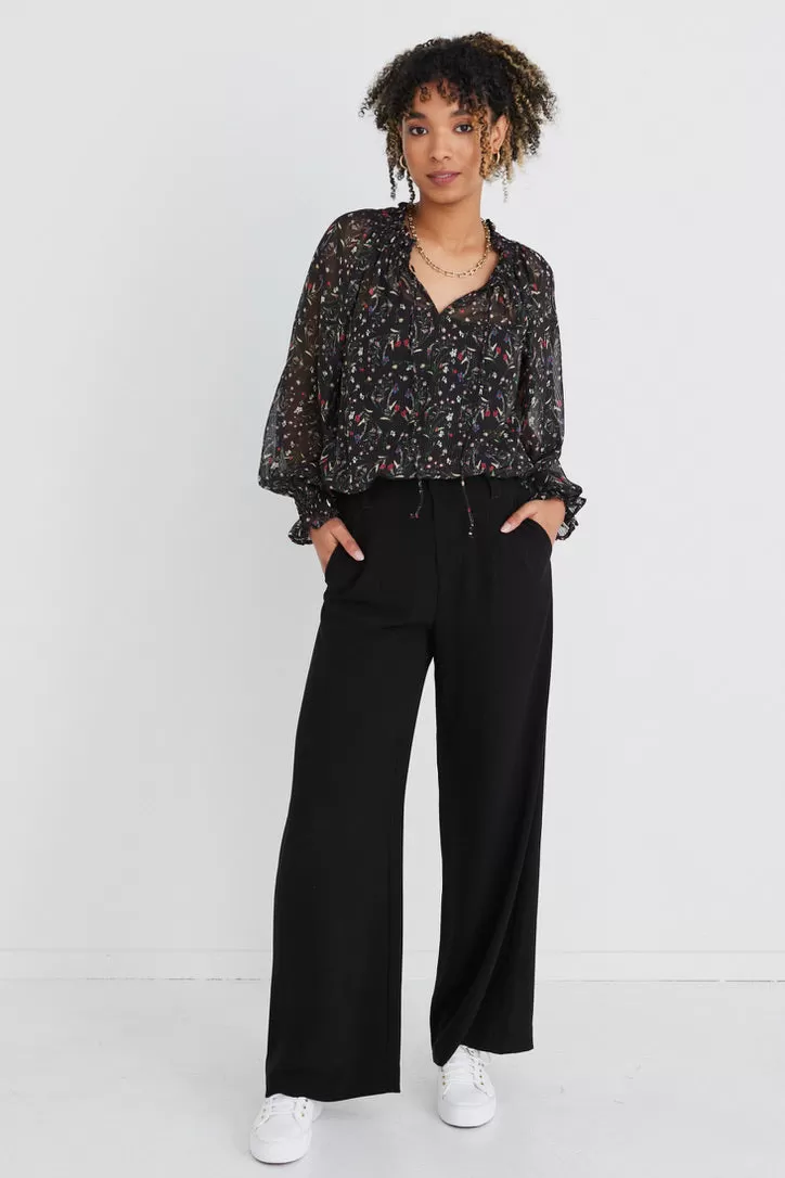 Jade Black Meadow Floral Shirred Ls Blouse