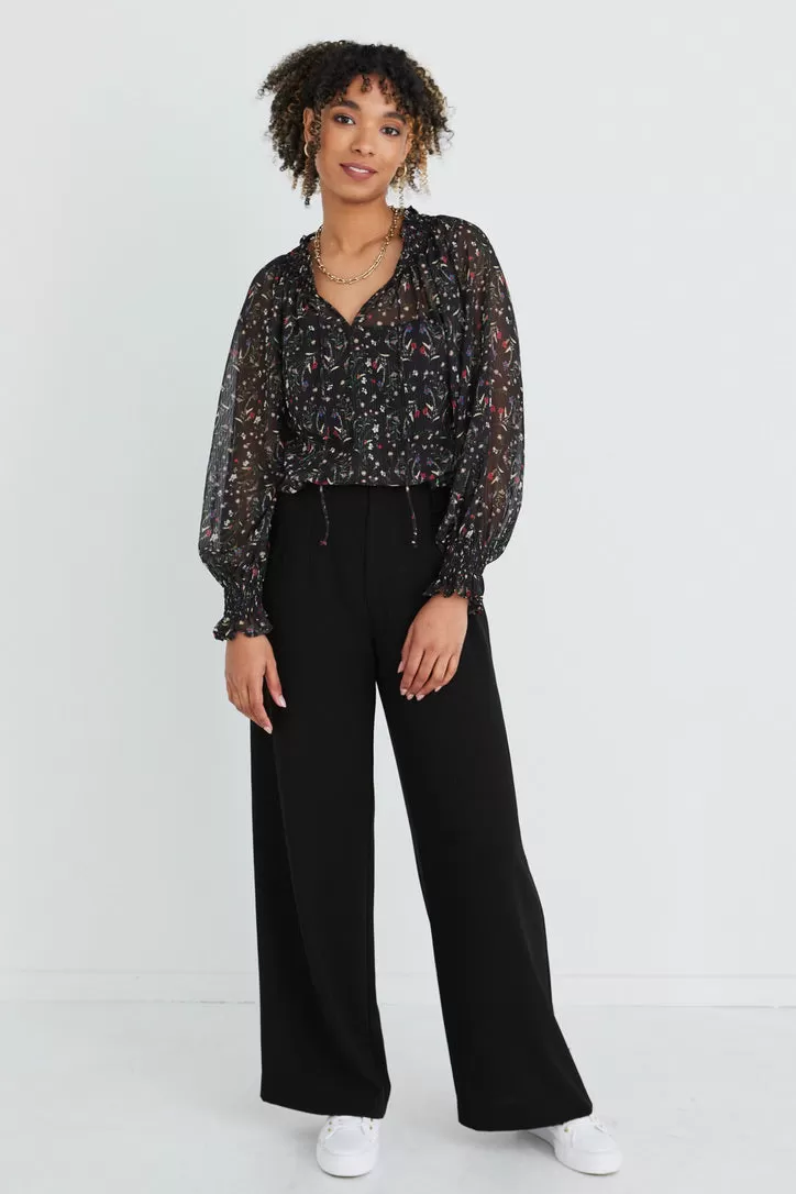 Jade Black Meadow Floral Shirred Ls Blouse