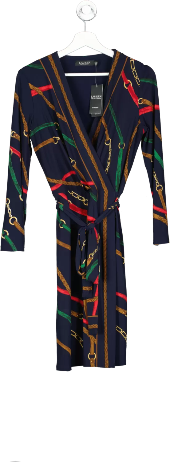 LAUREN RALPH LAUREN Navy Blue / Multi  Belting-print Jersey Dress Bnwt UK 12