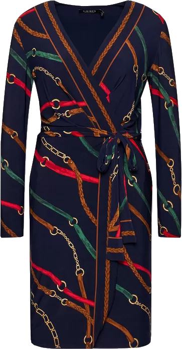 LAUREN RALPH LAUREN Navy Blue / Multi  Belting-print Jersey Dress Bnwt UK 12