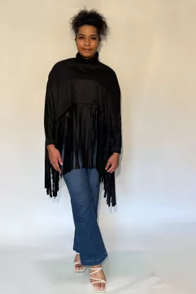 Long Sleeve Fringe Blouse - Black