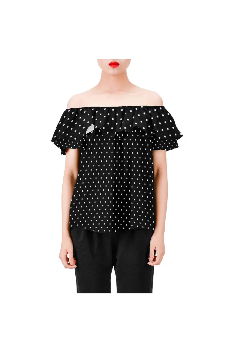 Micro Dot Women's Off Shoulder Blouse with Ruffle