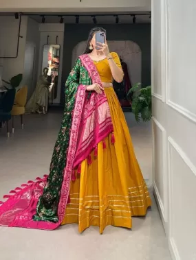 Mustard Yellow Pure Cotton Stitched Lehenga Choli With Unstitched Blouse