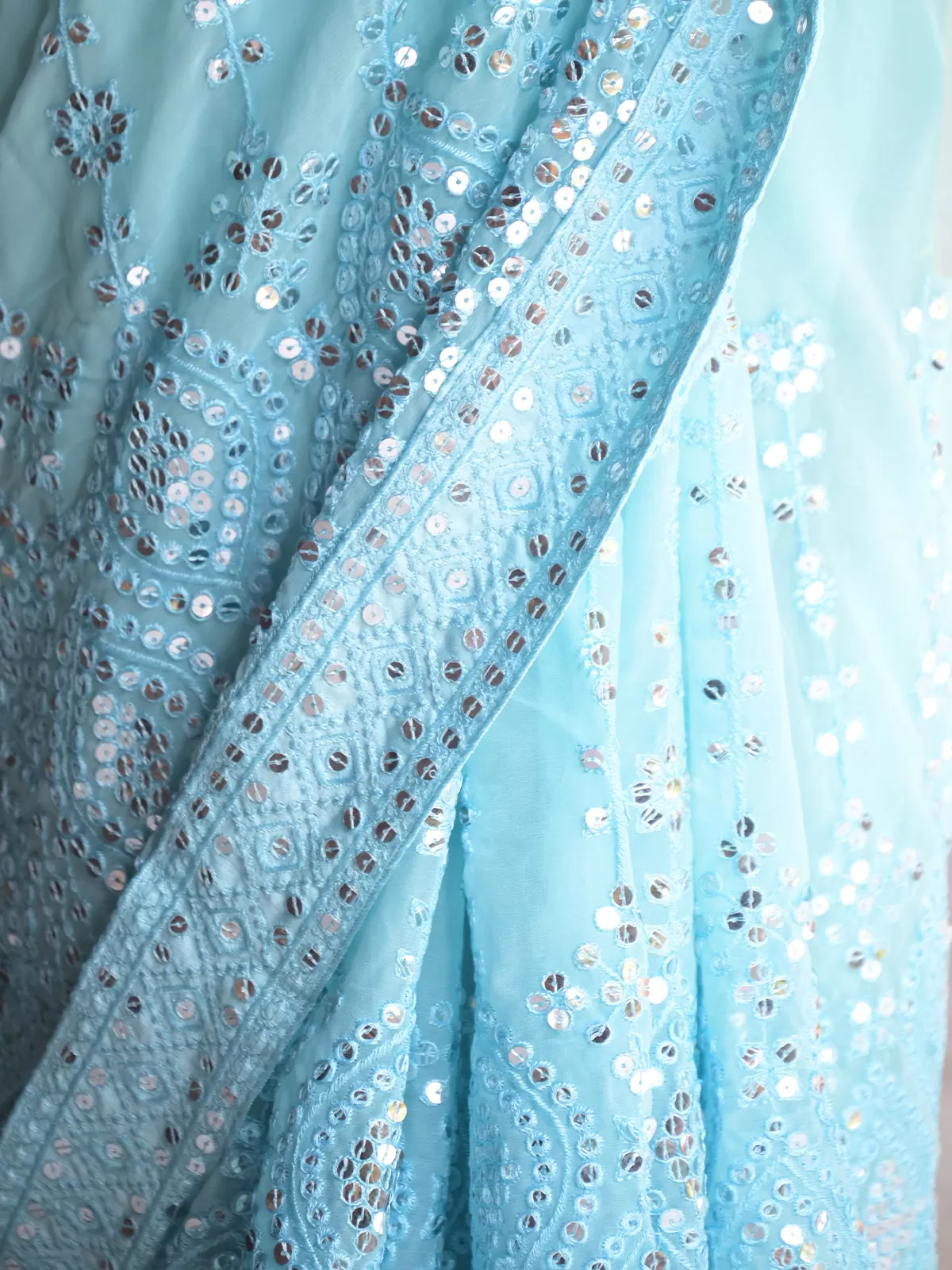 Odette Light Blue Sequins Embroidered Georgette Saree with Unstitched Blouse for Women