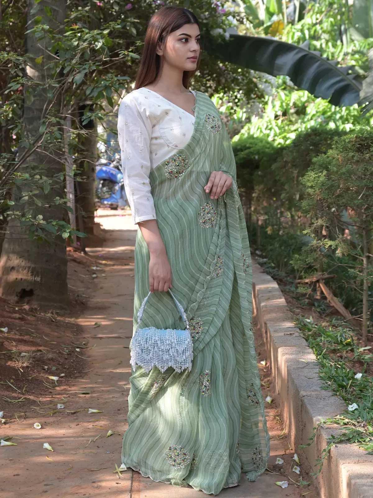 Odette Light Green Embroidered Simmar Saree with Unstitched Blouse for Women