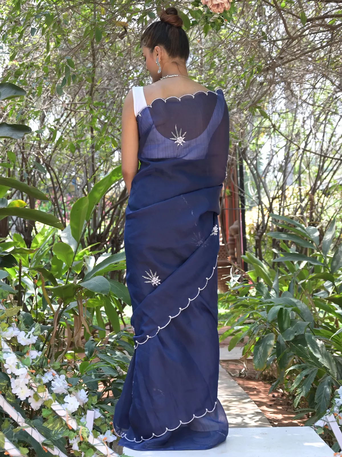 Odette Navy Blue Beads Embroidered Khadi Organza Saree with Unstitched Blouse for Women