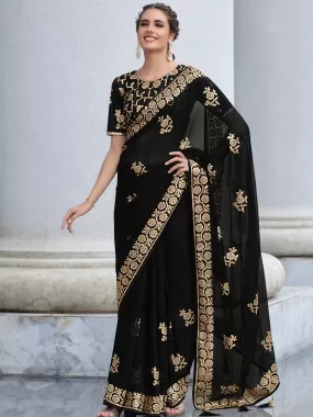 Odette Women Black Shimmer Sequins Embroidery Saree With Unstitched Blouse