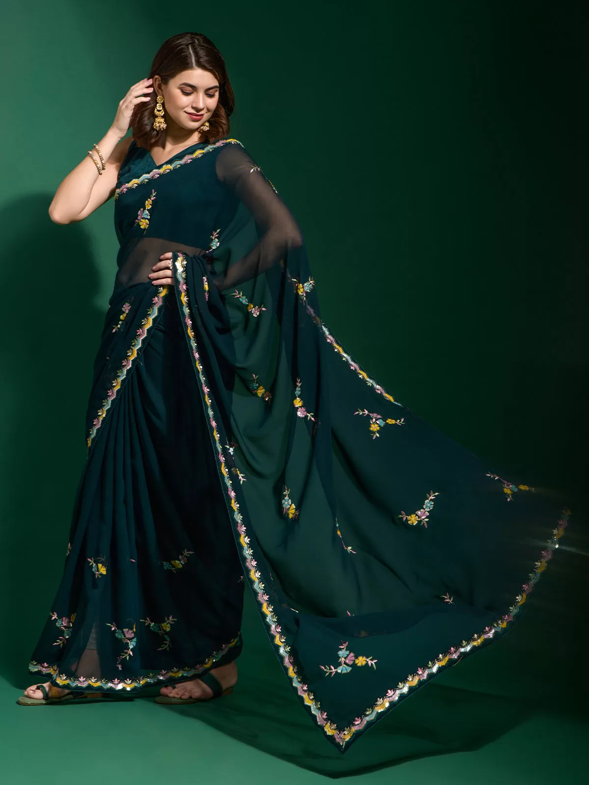 Odette Women Dark Green Georgette Saree With Unstitched Blouse