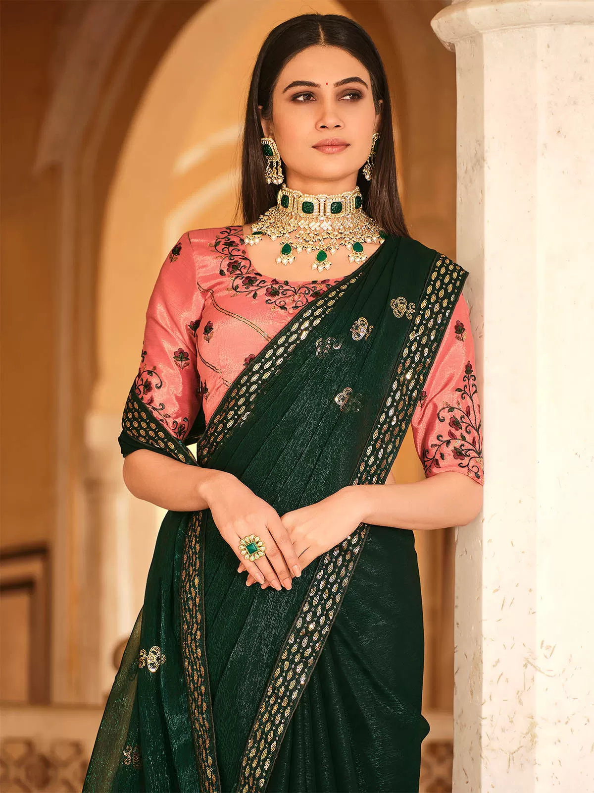 Odette Women Green Designer Chinon Saree With Unstitched Blouse