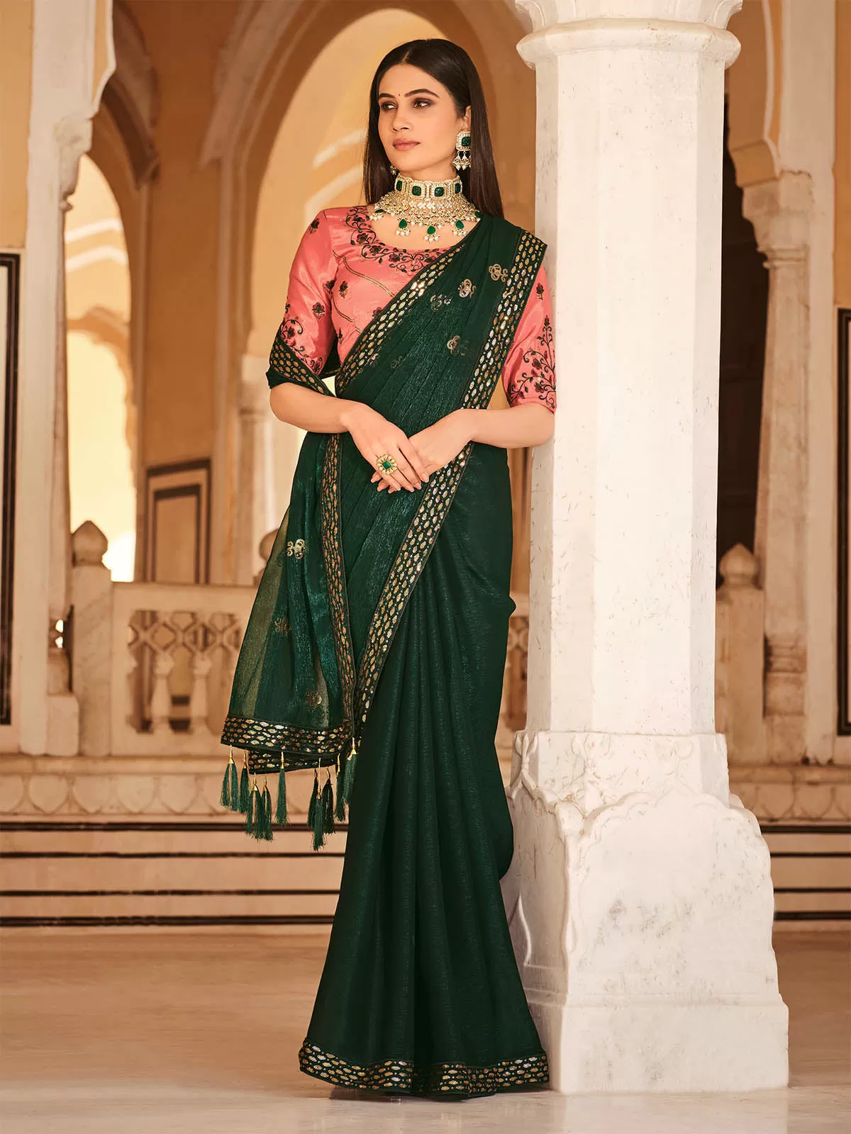 Odette Women Green Designer Chinon Saree With Unstitched Blouse