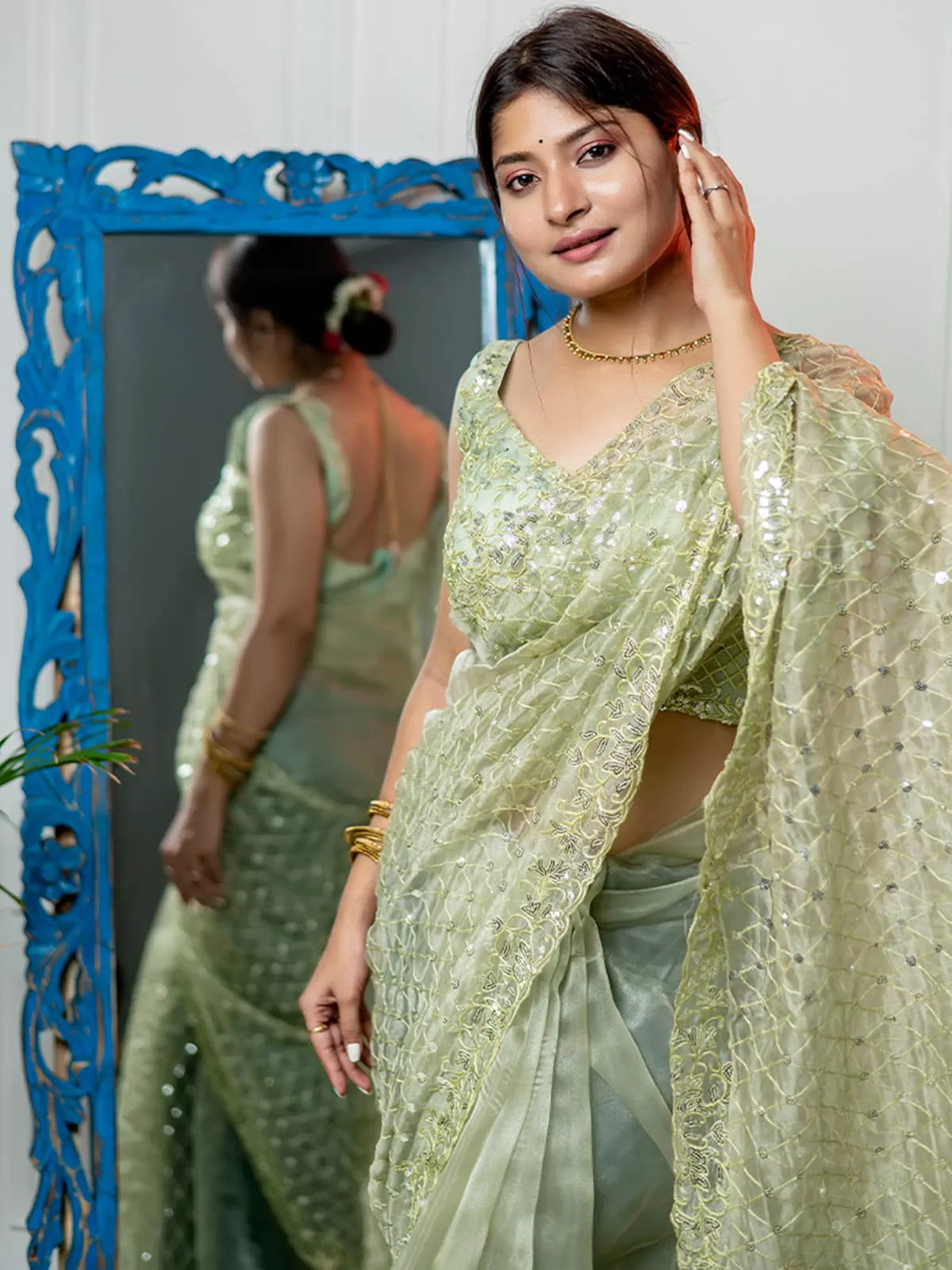 Odette Women Green Organza Embellished Saree With Stitched Blouse