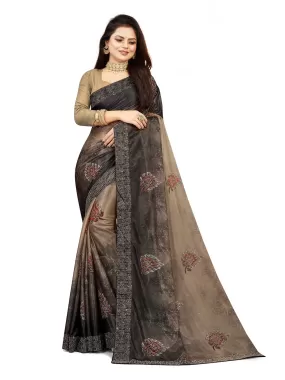 Odette Women Grey Lycra Digital Print & Siroski Work Saree With Unstitched Blouse