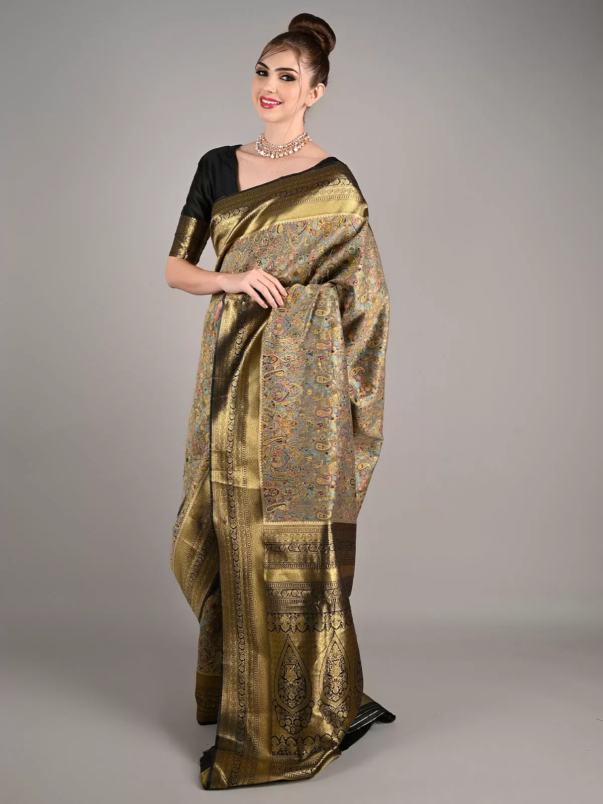 Odette Women Grey Modal Woven Saree With Unstitched Blouse