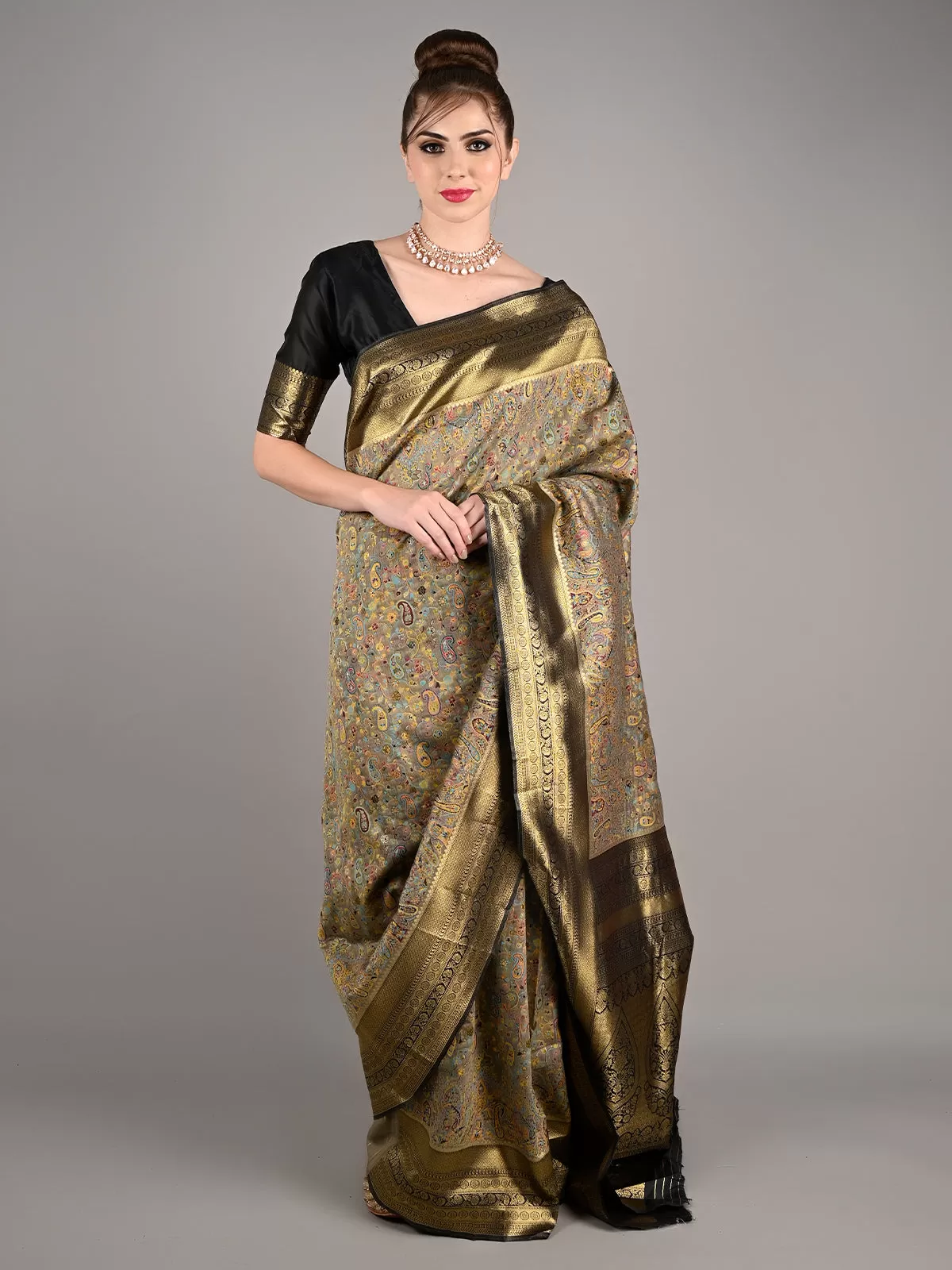 Odette Women Grey Modal Woven Saree With Unstitched Blouse