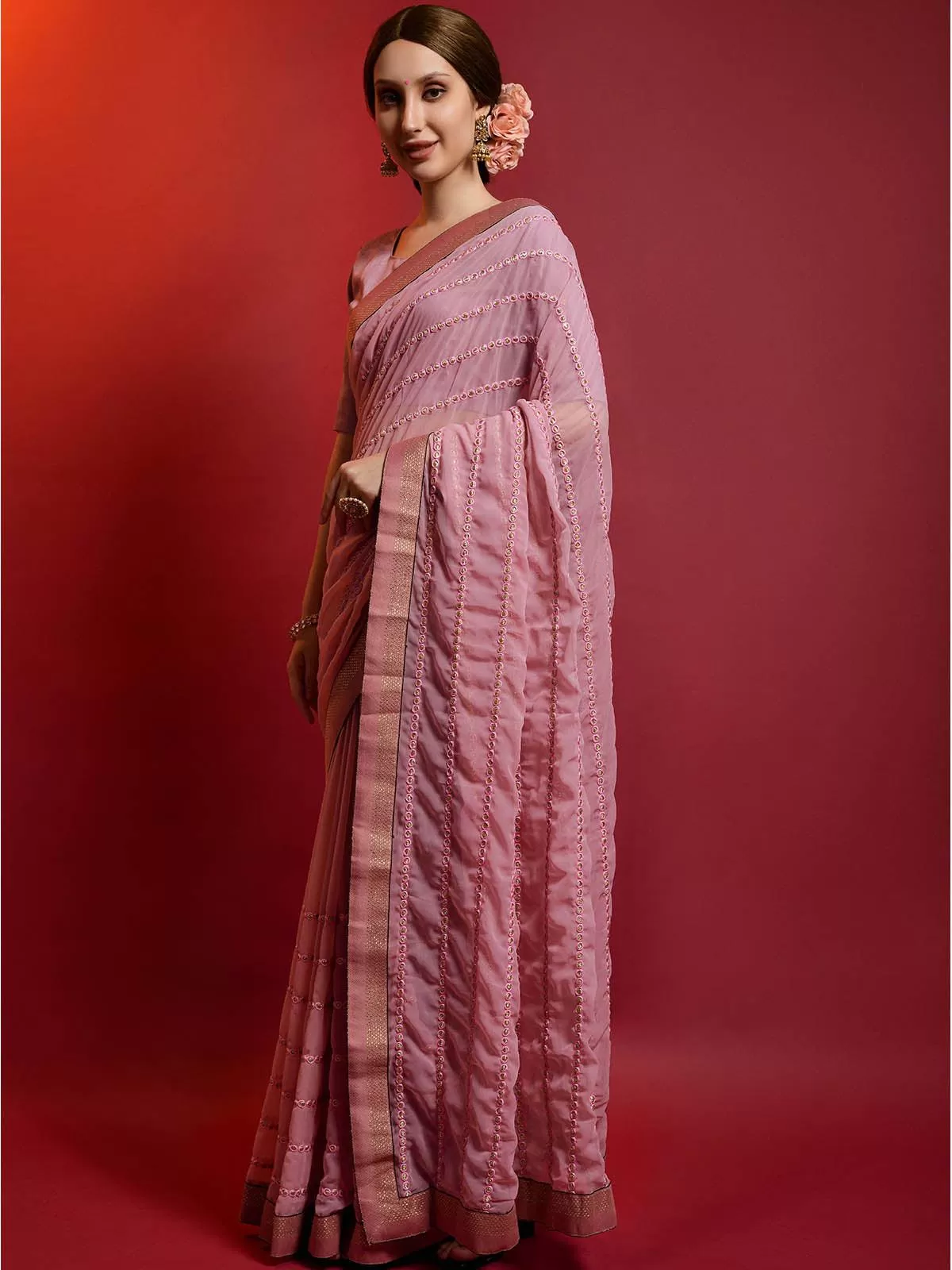 Odette Women Pink Georgette Saree With Unstitched Blouse