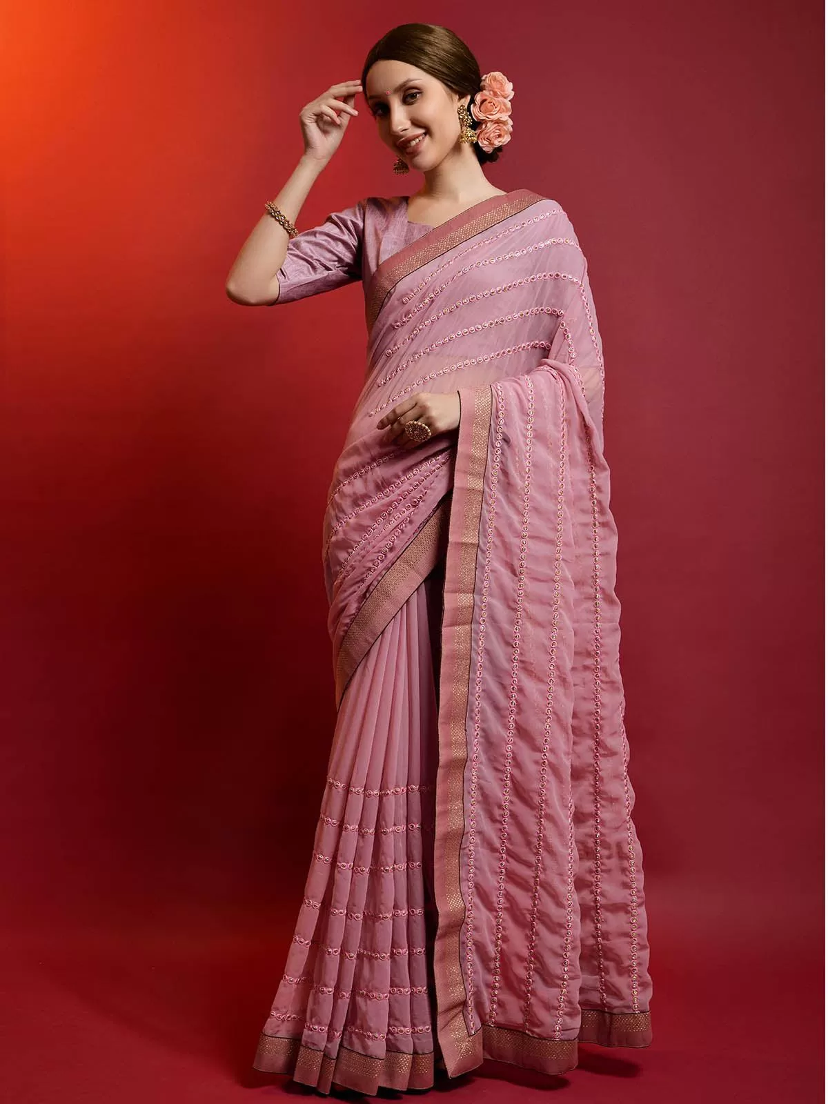 Odette Women Pink Georgette Saree With Unstitched Blouse