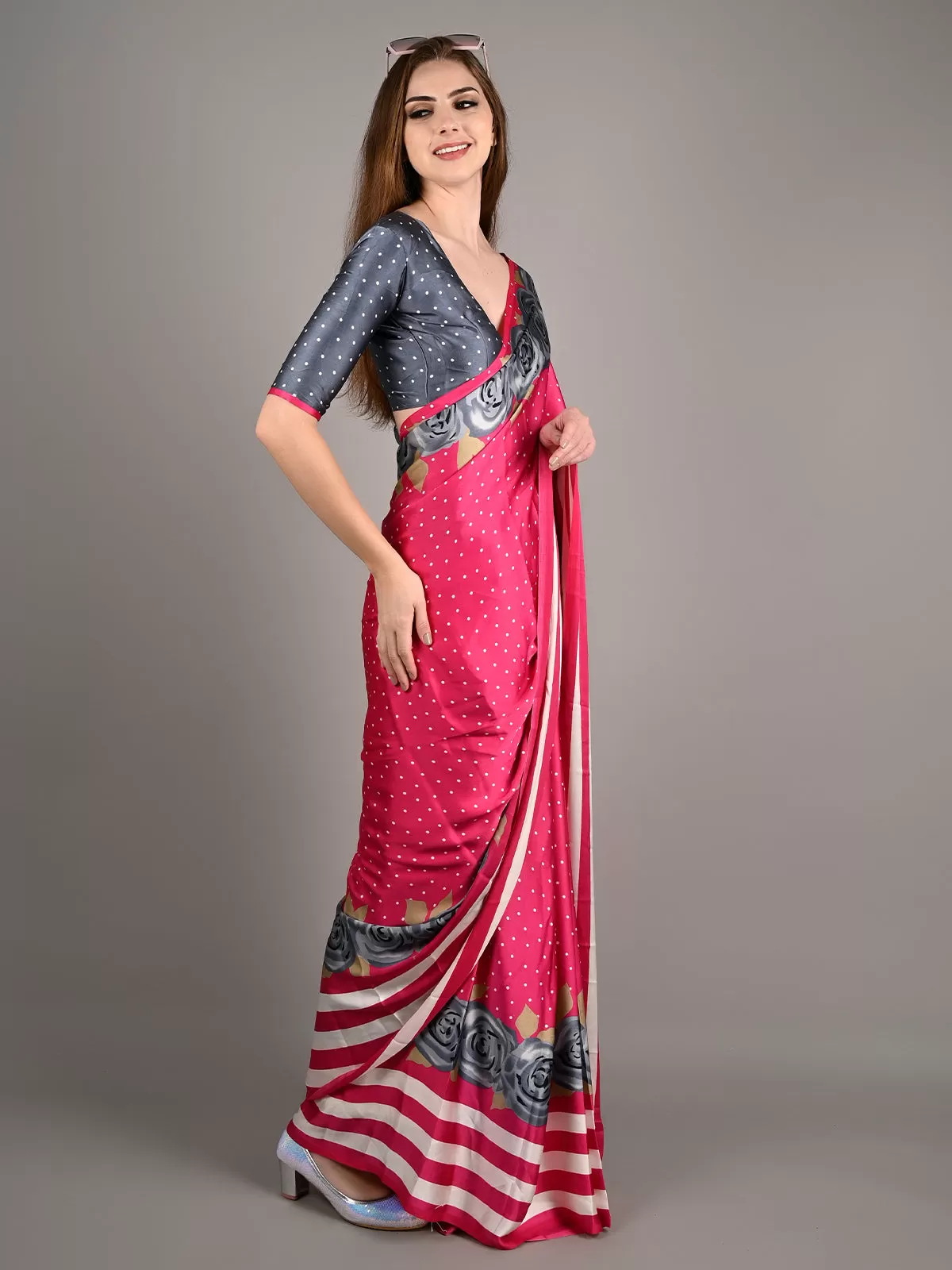 Odette Women Pink Satin Crepe Polka Dots Saree With Unstitched Blouse