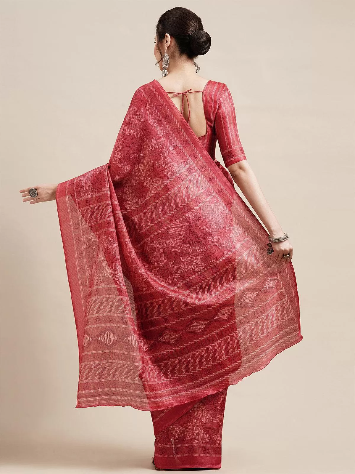 Odette Women Red Casual Bhagalpuri Silk Printed Saree With Unstitched Blouse