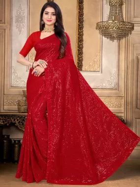 Odette Women Sparkling Red Sequins Saree With Unstitched Blouse