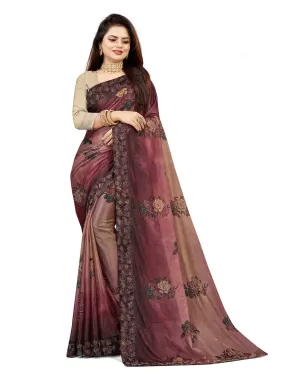 Odette Women Violet Lycra Digital Print & Siroski Work Saree With Unstitched Blouse