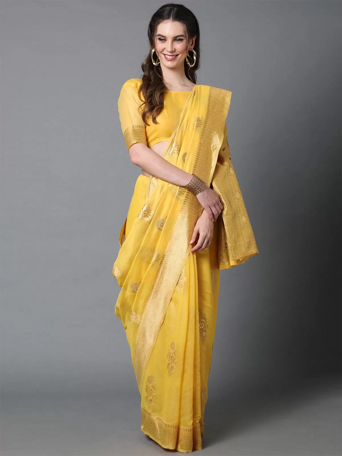 Odette Women Yellow Festive Silk Blend Woven Design Saree With Unstitched Blouse