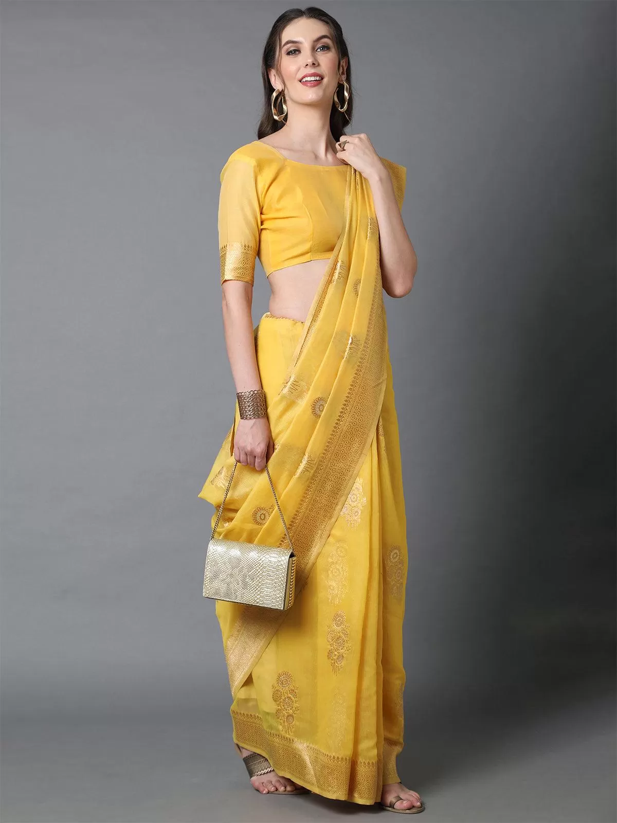 Odette Women Yellow Festive Silk Blend Woven Design Saree With Unstitched Blouse