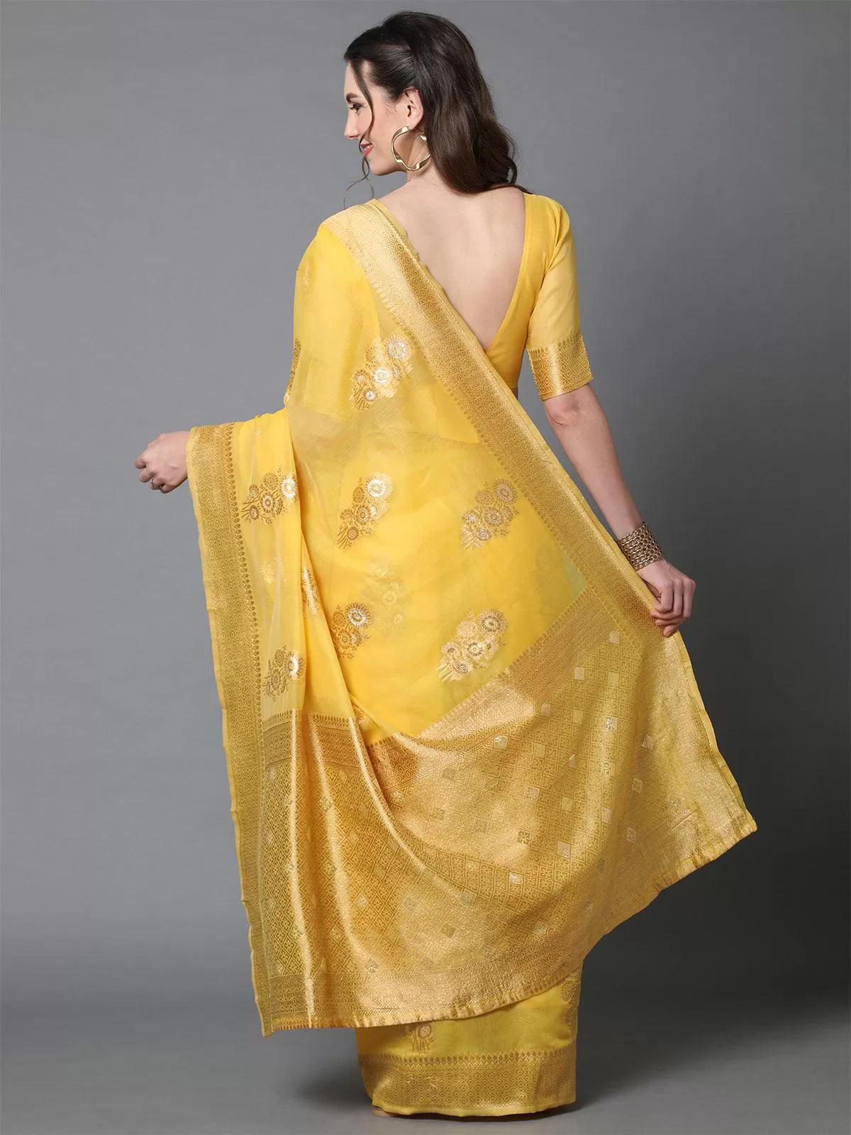 Odette Women Yellow Festive Silk Blend Woven Design Saree With Unstitched Blouse