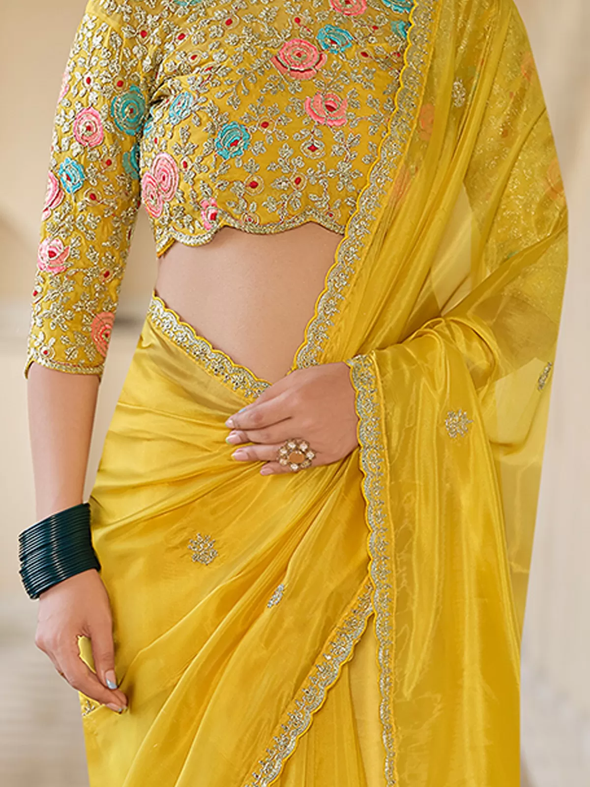 Odette Women Yellow Organza Embroidered Saree With Unstitched Blouse