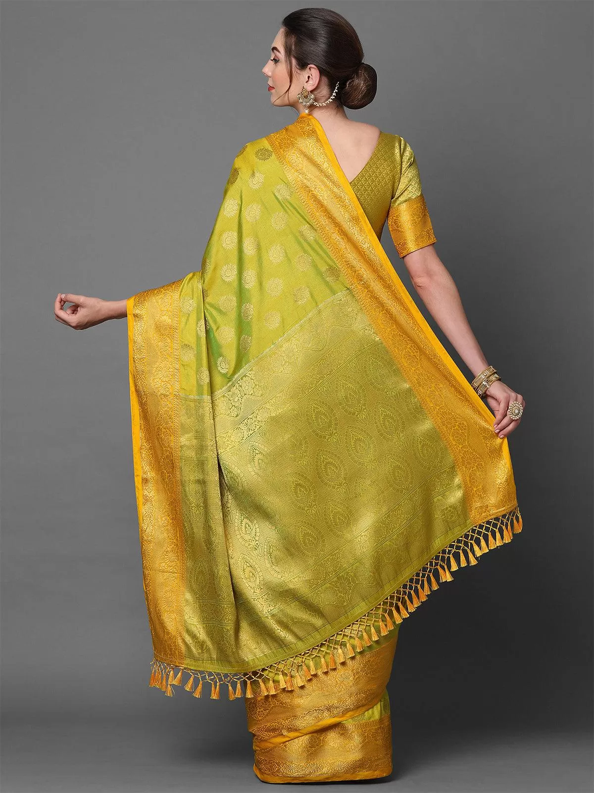 Odette Women Yellow Party Wear Silk Blend Woven Design Saree With Unstitched Blouse