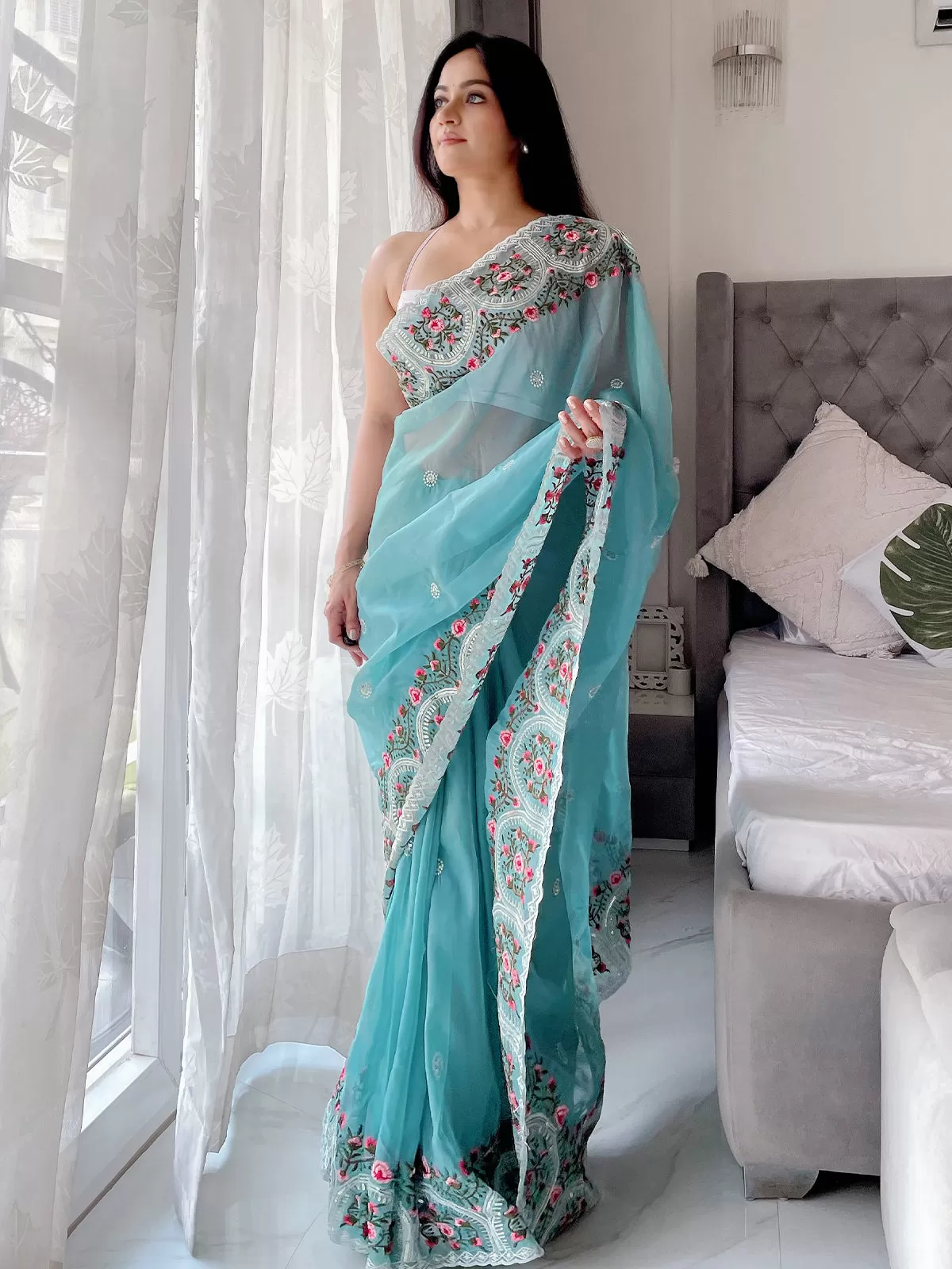 Odette Women's Blue Organza  Saree with unstitched Blouse