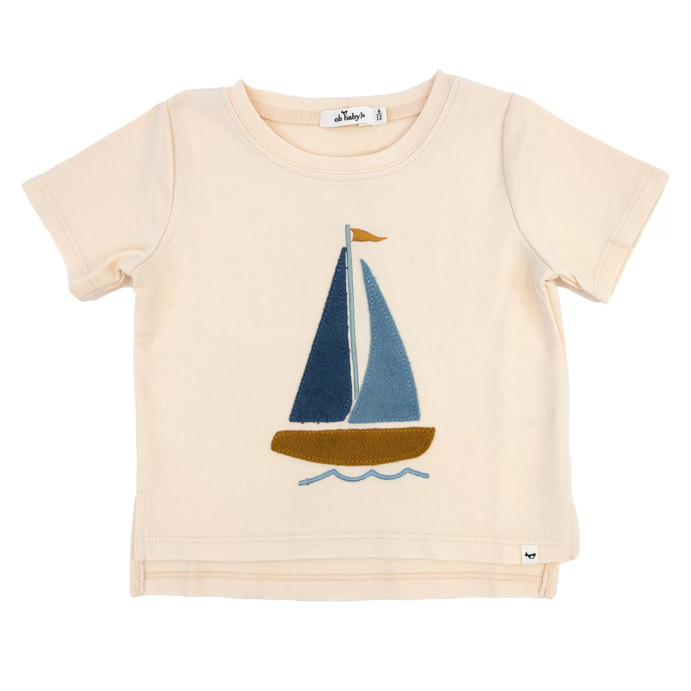 oh baby! Raw Edge Short Sleeve Cotton Slub Tee - Denim Sailboat Applique - Cashew