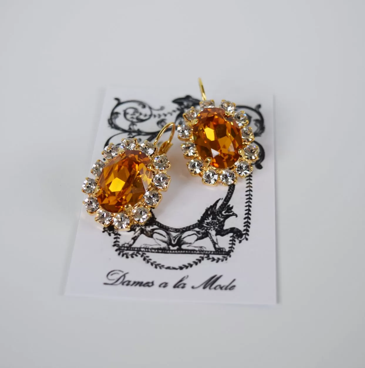 Orange Topaz Swarovski and Crystal Cluster Earrings - Large Oval