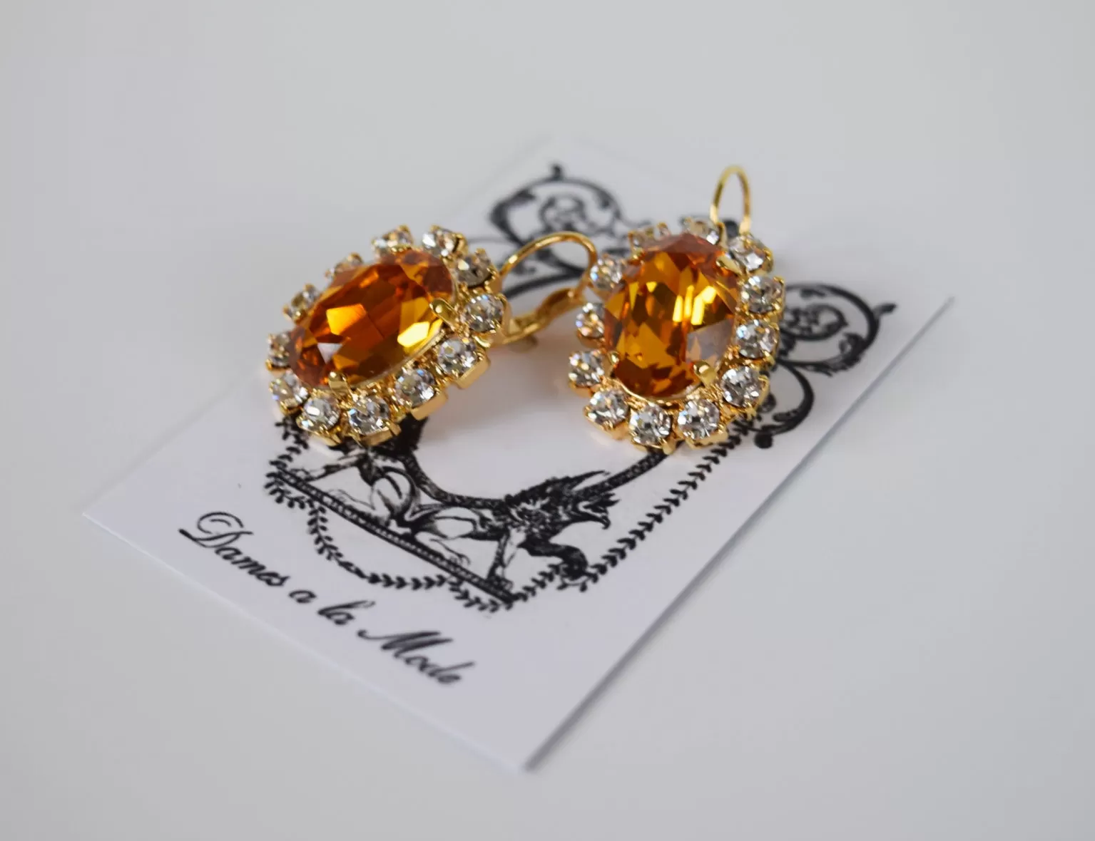 Orange Topaz Swarovski and Crystal Cluster Earrings - Large Oval