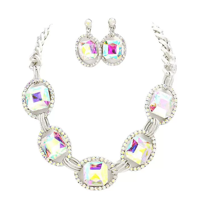 Pave Trim Glass Crystal Link Necklace