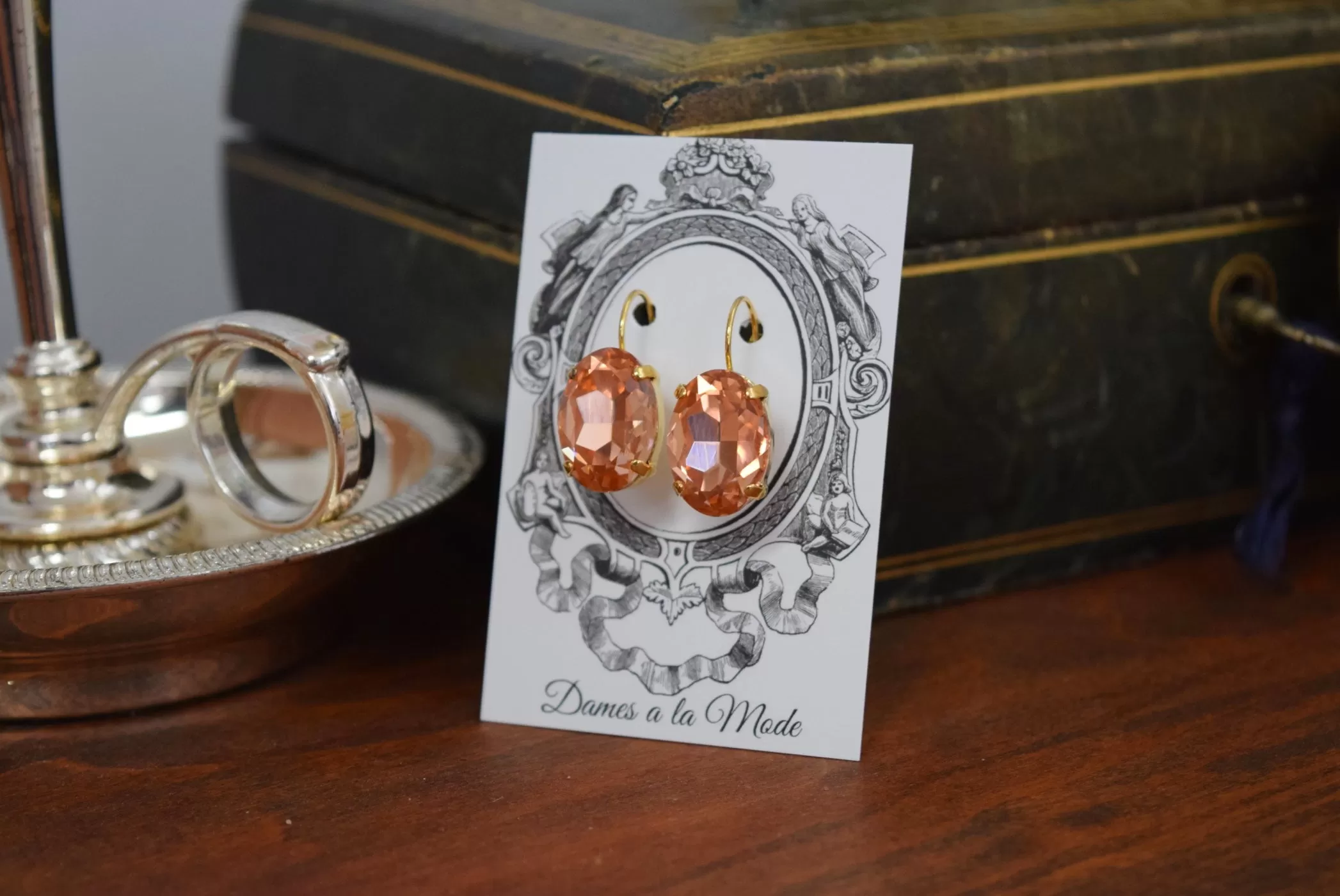 Peach Pink Aurora Crystal Earrings - Large Oval