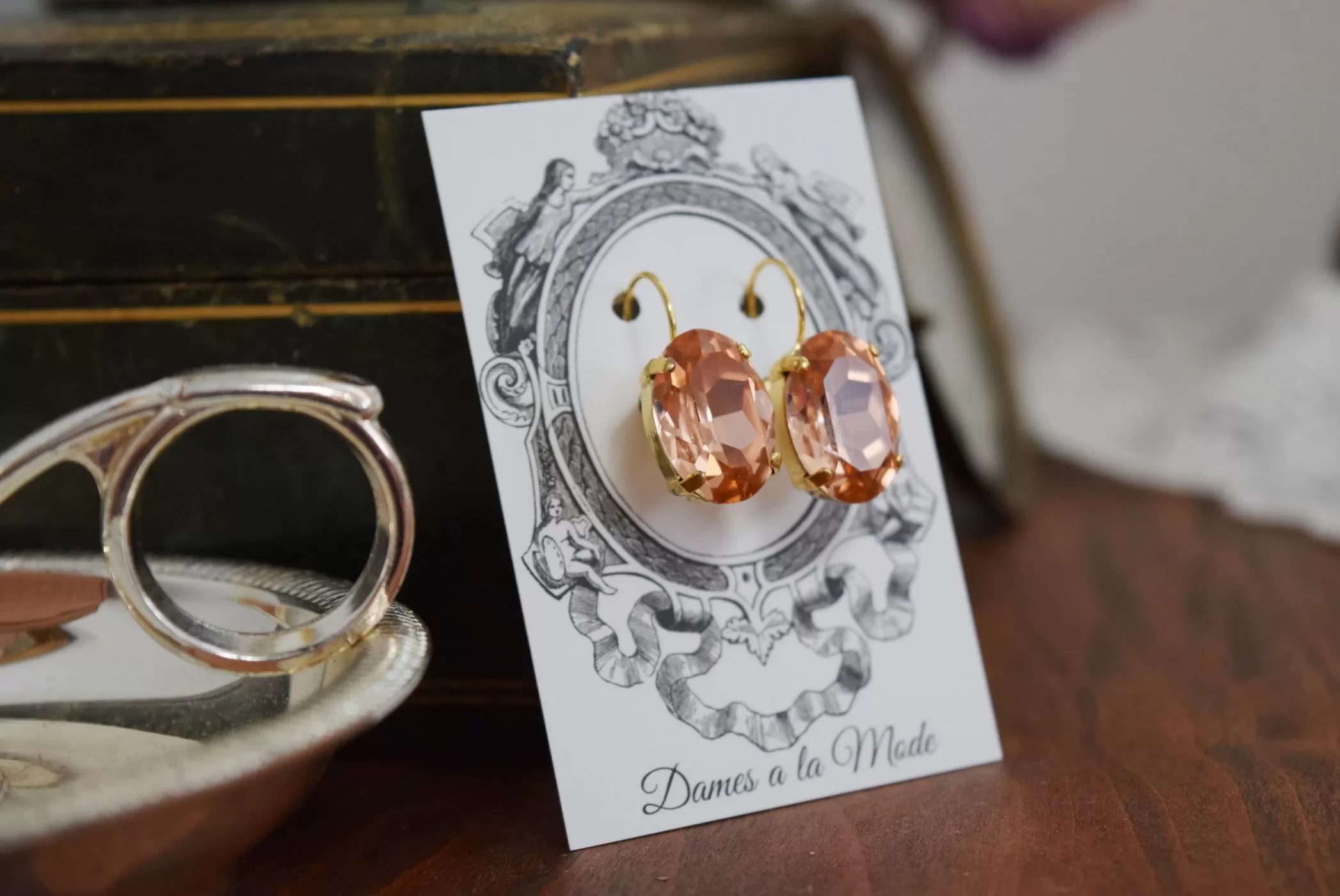 Peach Pink Aurora Crystal Earrings - Large Oval