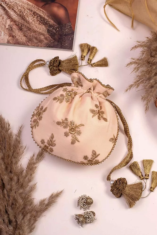 Peach Velvet Embroidered Potli bag