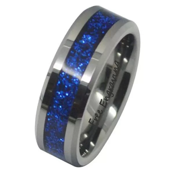 Personalized Engraved Men's Ice Blue Opal Tungsten Wedding Ring