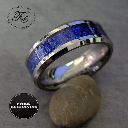 Personalized Engraved Men's Ice Blue Opal Tungsten Wedding Ring