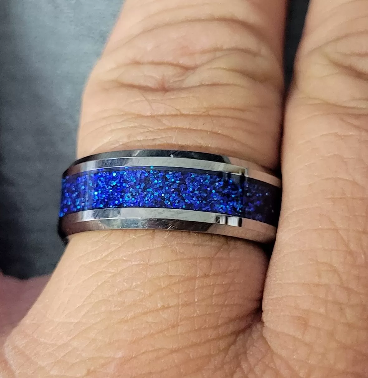 Personalized Engraved Men's Ice Blue Opal Tungsten Wedding Ring