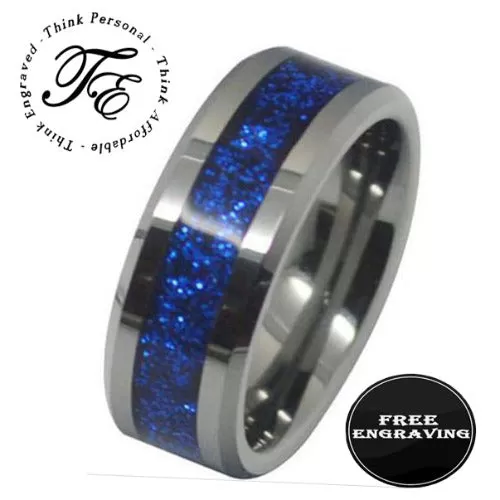 Personalized Engraved Men's Ice Blue Opal Tungsten Wedding Ring