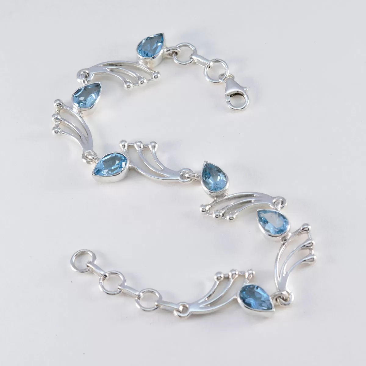 Riyo Attractive 925 Sterling Silver Bracelet For Womens Blue Topaz Bracelet Prong Setting Bracelet with Fish Hook Link Bracelet L Size 6-8.5 Inch.