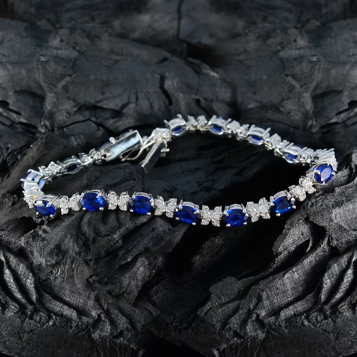 Riyo Choice 925 Sterling Silver Bracelet For Girls Blue Supphire CZ Bracelet Prong Setting Bracelet with Box With Tongue Tennis Bracelet L Size 6-8.5 Inch.