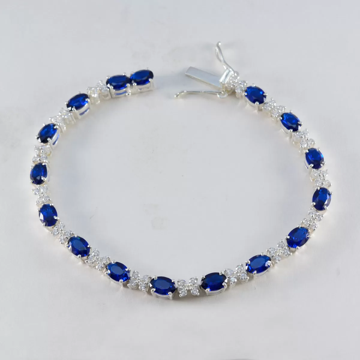 Riyo Choice 925 Sterling Silver Bracelet For Girls Blue Supphire CZ Bracelet Prong Setting Bracelet with Box With Tongue Tennis Bracelet L Size 6-8.5 Inch.