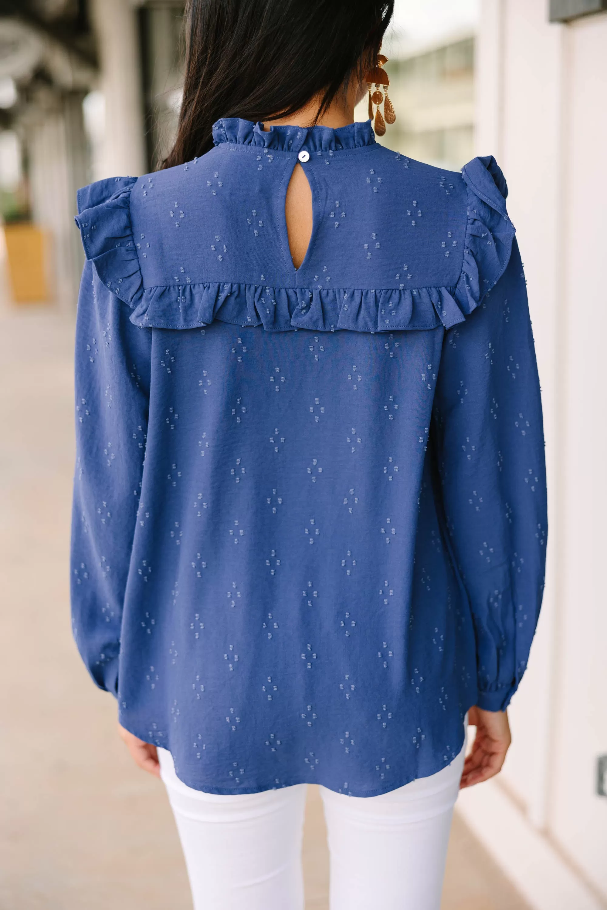 Romantic History Denim Blue Ruffled Blouse