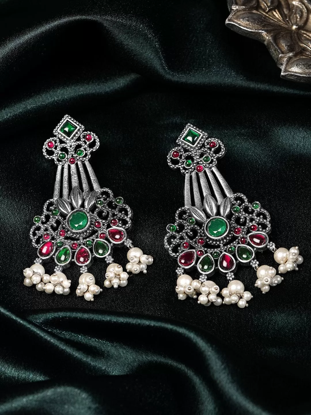 Rubans Silver Oxidised Drop Earrings With Studded Pink And Green Stones