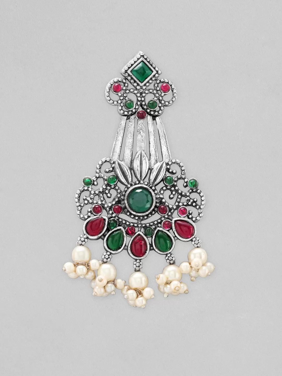 Rubans Silver Oxidised Drop Earrings With Studded Pink And Green Stones