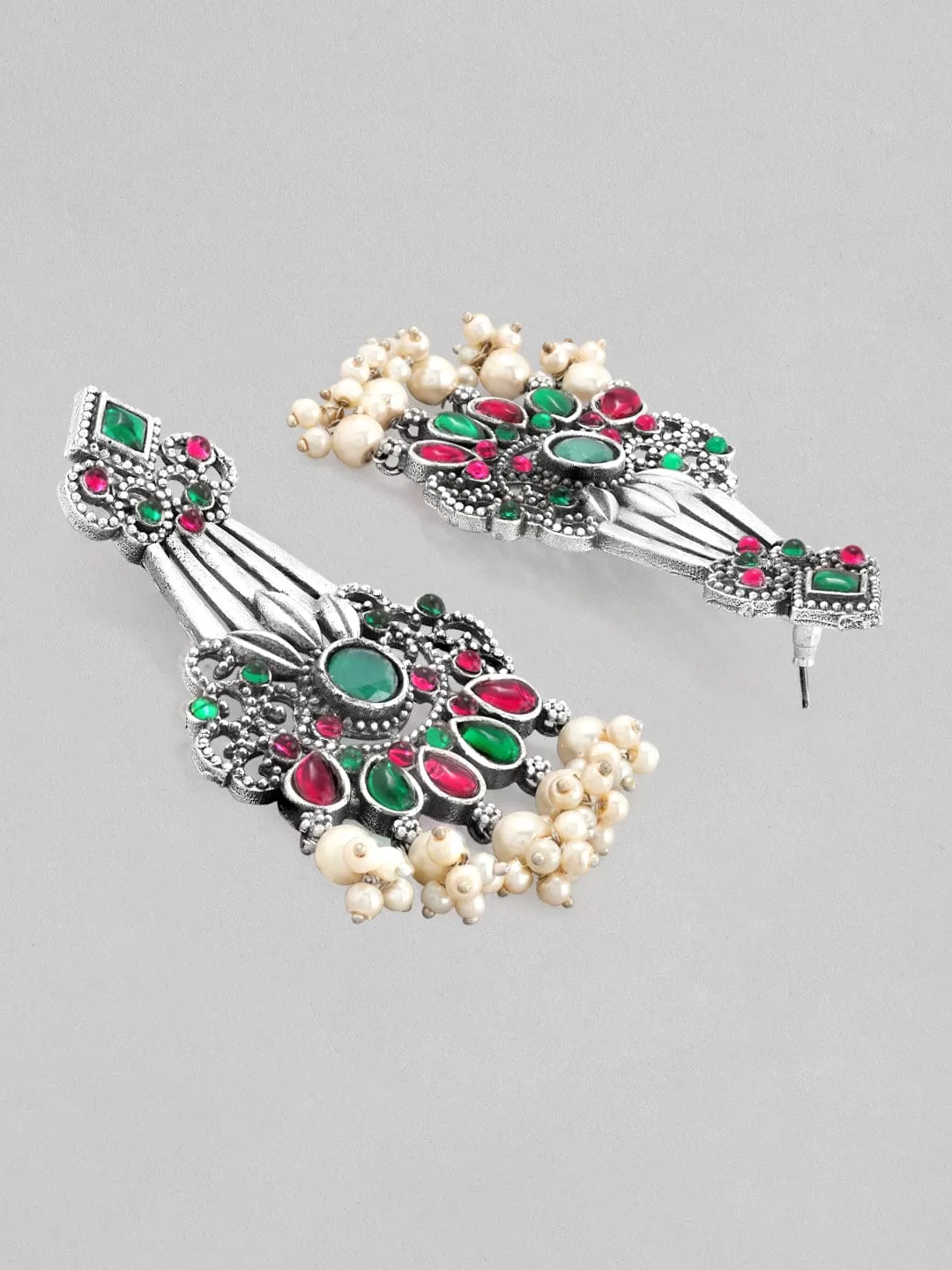 Rubans Silver Oxidised Drop Earrings With Studded Pink And Green Stones