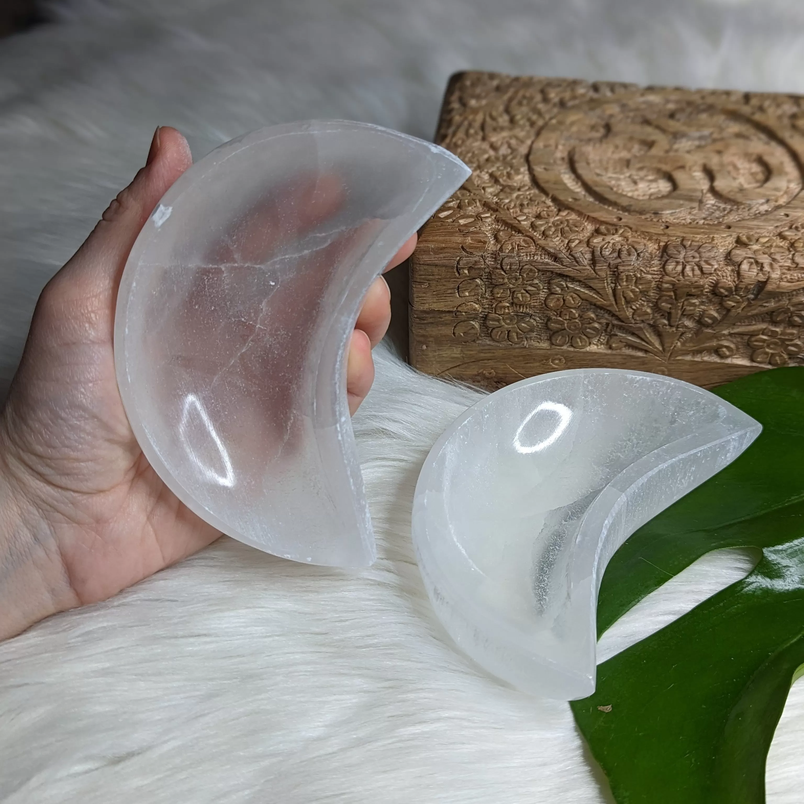 Selenite Moon ~ Trinket Tray Carving for Recharging Crystals -