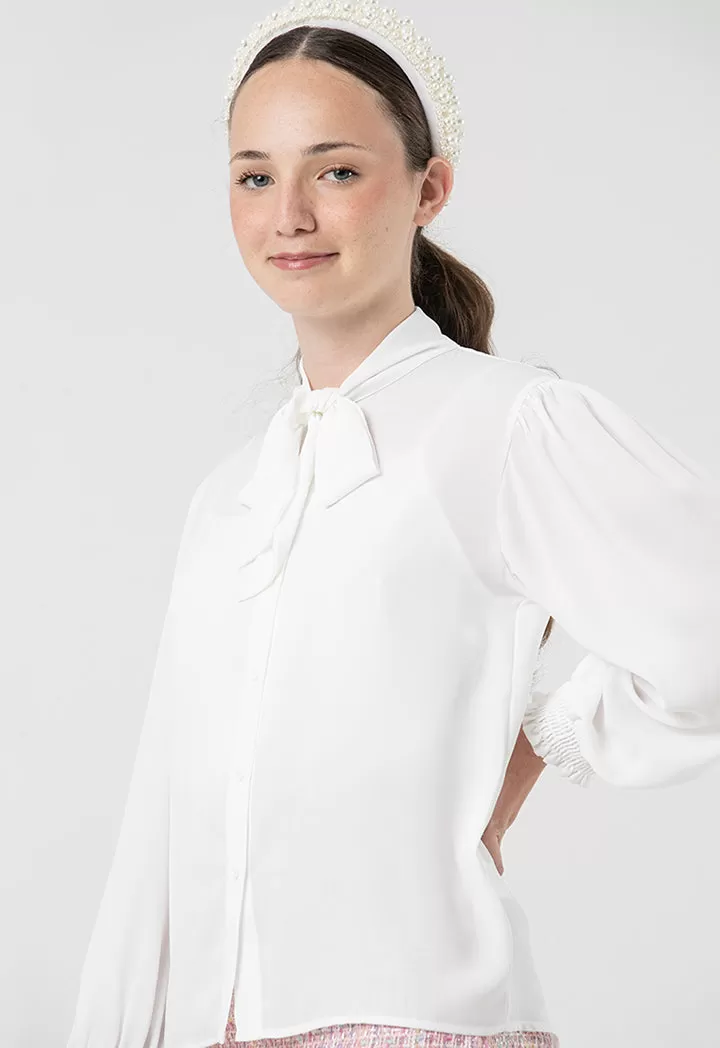 Self-Tie Ribbon Collared Solid Blouse